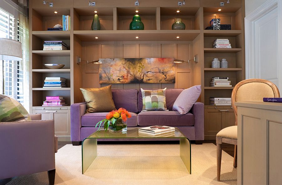 Fabulous sleeper sofa in purple and sconce lighting for the guest bedroom [Design: Cindy Ray Interiors]