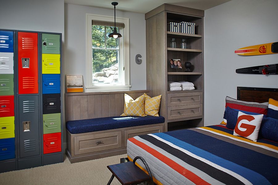 Reclaimed lockers serve as shelves in the kids' room painted in Benjamin Moore Wickham Gray [Design: Francesca Owings Interior Design]