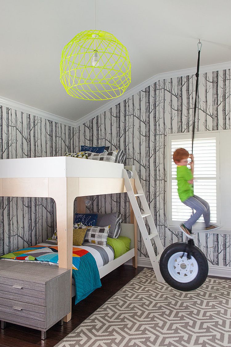 Woods Wallpaper and rug bring gray into this bedroom [Design: FLO Design Studio]