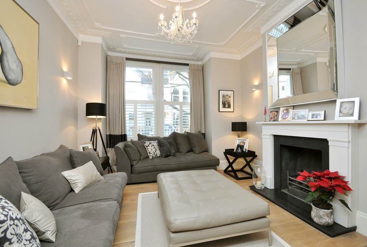 White moulding in a taupe living room