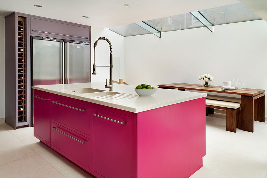 Gorgeous-pink-island-for-the-refined-contemporary-kitchen-in-white