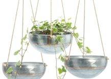 Three hanging planters with green plants