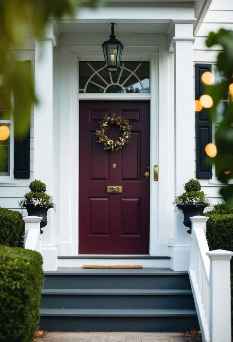 A purple door with a wreath on it.