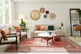 A light and bright living room with a large rug beneath the center.