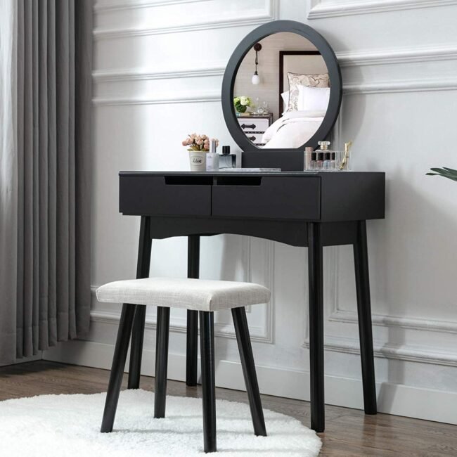 Ilalium Wooden Dressing Table with 2 Drawer Storage and Stool - Black