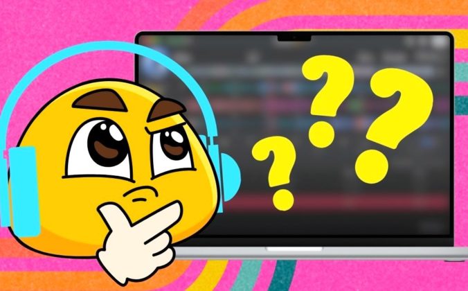 A round, yellow, gumdrop-looking emoji pulls a thinking face while wearing aqua headphones. It's looking at a laptop that has a blurred screen and three yellow question marks. In the background are retro rainbow lines set against hot pink.