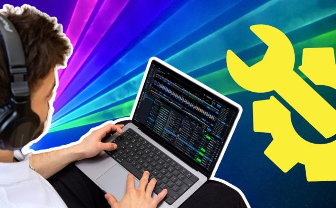 On the right side is a bright yellow screwdriver icon. On the left is a young bearded white man with headphones. In his lap is a MacBook Pro with Rekordbox DJ software on the screen. The background to everything is DMX party lighting.