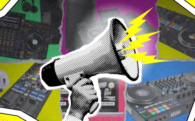 The background is a collage of various DJ gear set against colourful backgrounds. There's layers of grainy overlay and yellow comic flourishes near the corners. The main focus of the image is a retro black and white megaphone with bright yellow lightning bolts coming out of it.