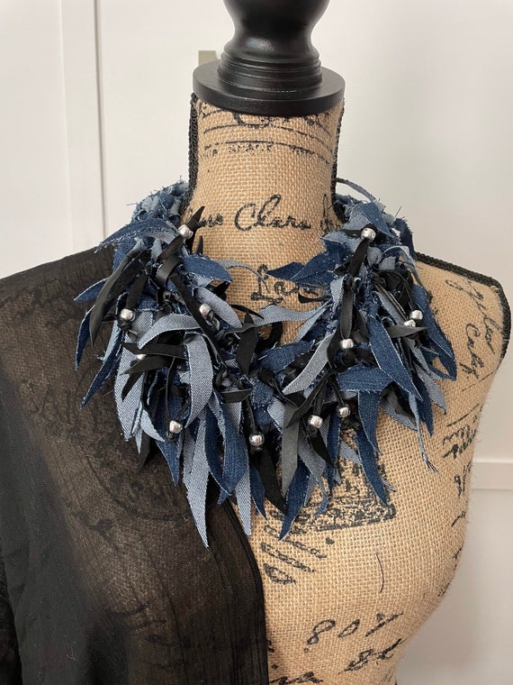 Denim Scarf Jeans Necklace Fabric Jewelry Textile Denim - Etsy