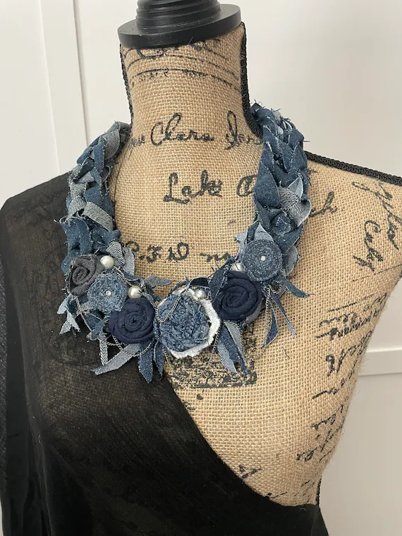 Blue Denim Scarf Jeans Necklace Fabric Jewelry Textile Denim - Etsy