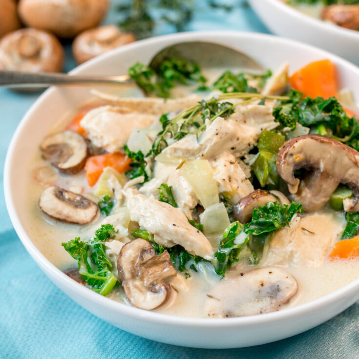 Creamy chicken and mushroom soup - a lovely warming soup with extra veggies.