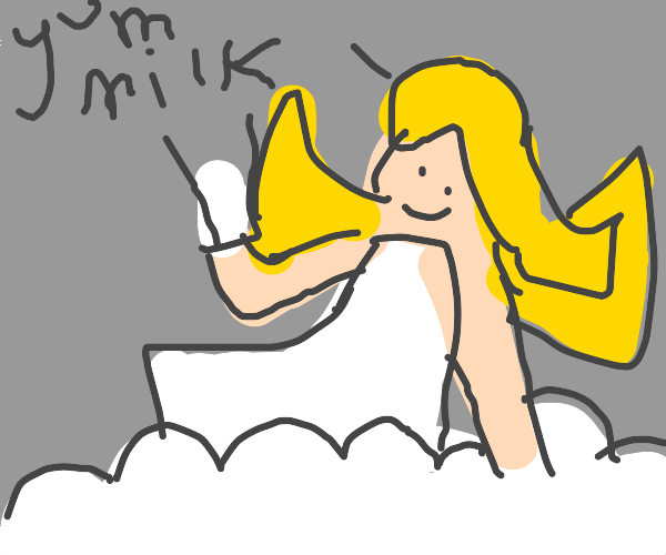 big haired blonde angel drinks milk