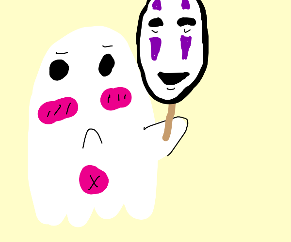 Ghost holding up Spirited Away mask on stick