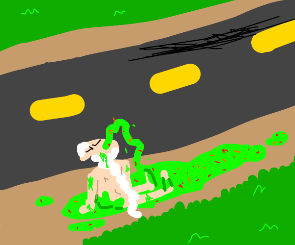 man bathing in a pool of vomit by a road