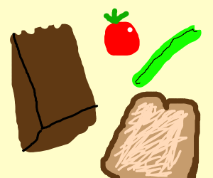 Paper bag with tomato, celery, + bread