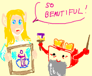 Elf admires art of toaster wizard.