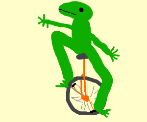 Frog riding a unicycle.