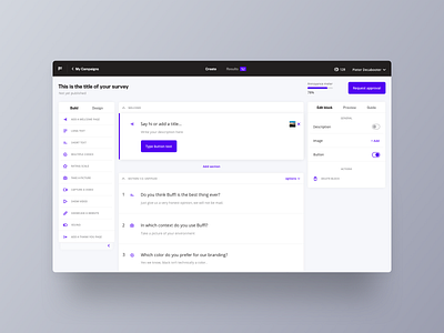 Buffl - The mobile survey as design tool build dashboard manage multiple choice purple question rating survey toggle