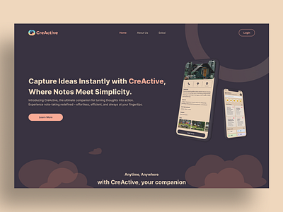 CreActive: Journalling App - Desktop Design color palette dark mode desktop design journalling landing page ui concept ui design ui inspo ui palette website design