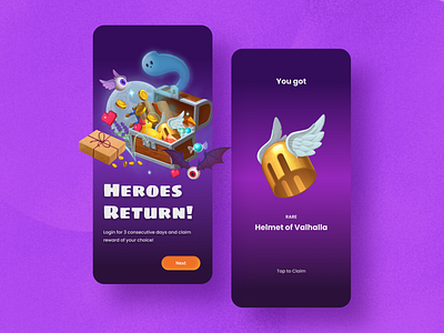 Mobile Game Reward UI Concept achievement daily login daily reward dark mode game game concept game login gamification illustration landing page login rewards logion mobile design mobile game mobile ui prize reward treasure ui concept ui design