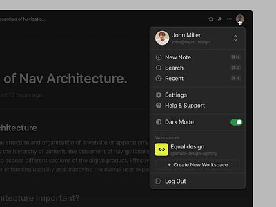 Profile settings modal app design cards change profile darkmode design element log out menu minimalism modal nav product design profile settings toggle ui ui design ux widget workspace