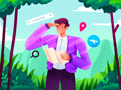 Finding Way Illustration 404 character finding flat illustration forest graphic design green illustrations landing page landscape maps people travel vector illustration work