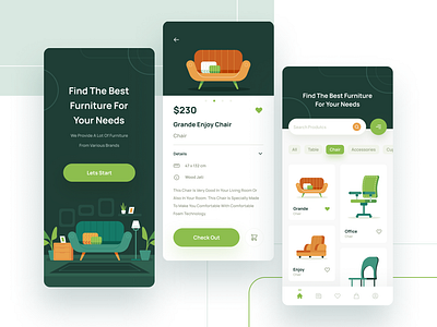 Furniture UI Mobile App Design app design e commerce flat illustration furniture graphic design illustrations landing page mobile app ui