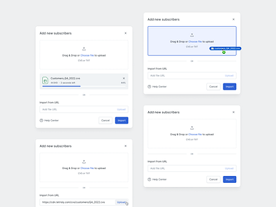 File Uploader Modals - Tetrisly Design System components drag and drop file upload file uploader import import modal modal modals pop over pop up product design saas