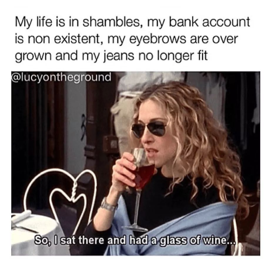 Depression meme - sex in the city - My life is in shambles, my bank account is non existent, my eyebrows are over grown and my jeans no longer fit So, I sat there and had a glass of wine...