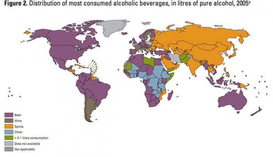 world map - Figure 2. Distribution of most consumed alcoholic beverages, in litres of pure alcohol, 2005 Beer Wine Spirits Other