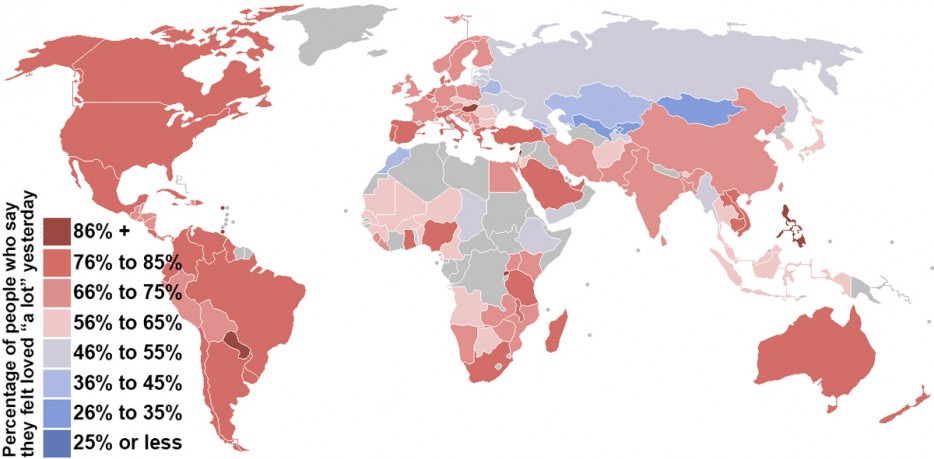 world happiness map - Percentage of people who say they felt loved "a lot" yesterday 86% 76% to 85% 66% to 75% 56% to 65% 46% to 55% 36% to 45% 26% to 35% 25% or less