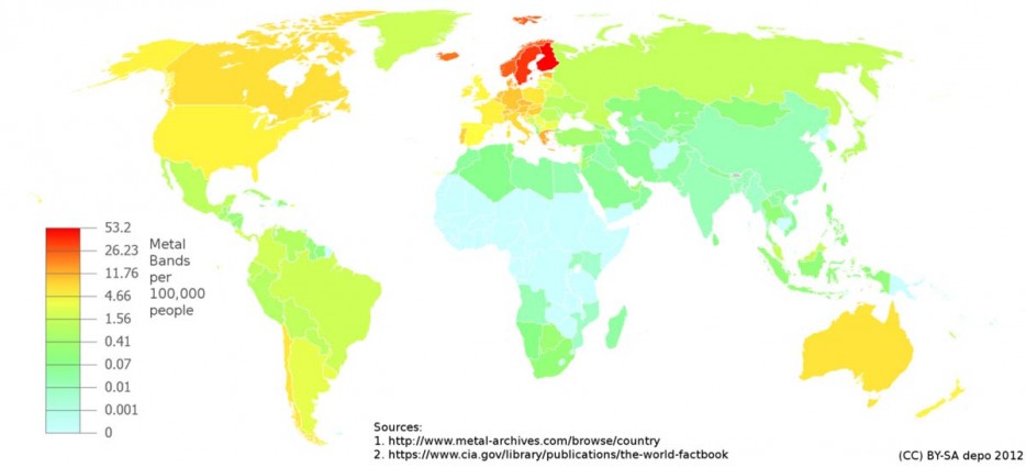 metal music world map - 53.2 26.23 Metal Bands 11.76 11.70 per 4.66 100,000 1.56 people 0.41 0.07 0.01 0.001 Sources 1. 2. Cc BySa depo 2012