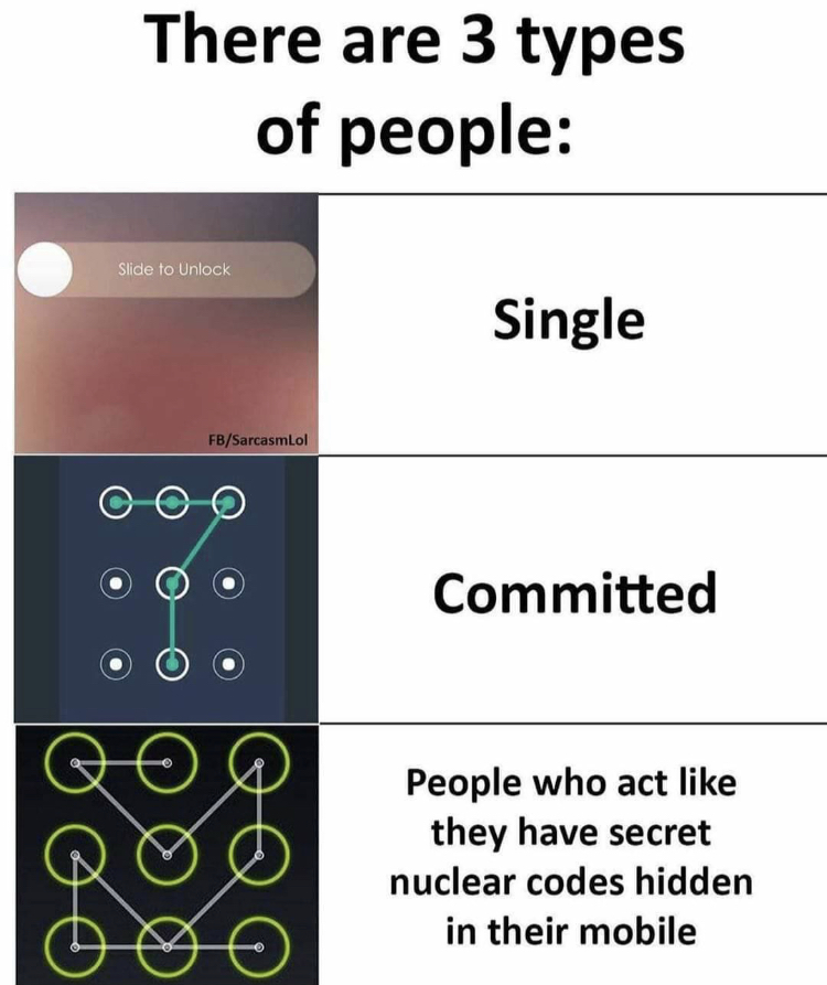 angle - There are 3 types of people Slide to Unlock Single FbSarcasmlol Committed Qe People who act they have secret nuclear codes hidden in their mobile