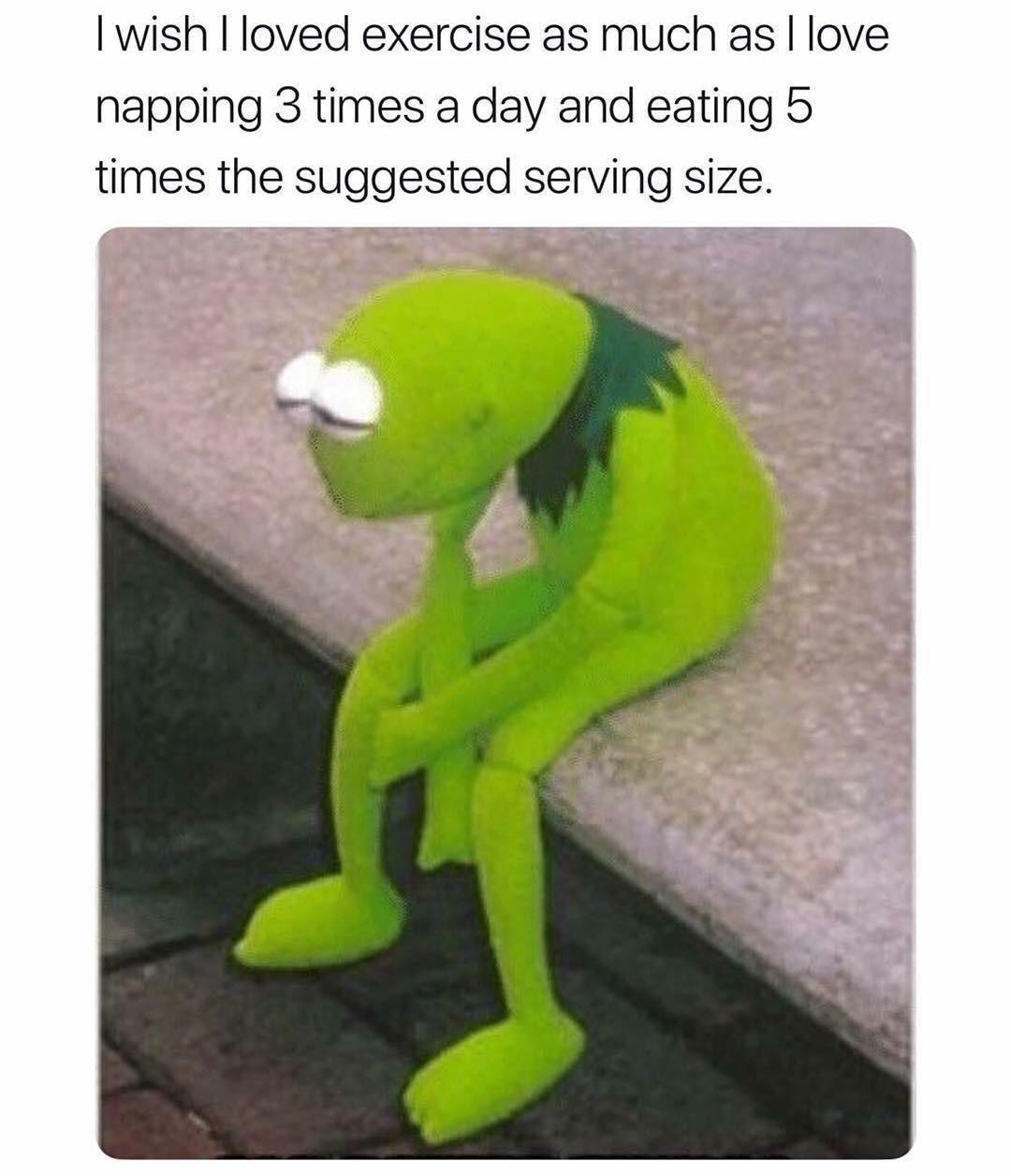 feel like i m tired tomorrow meme - I wish I loved exercise as much as I love napping 3 times a day and eating 5 times the suggested serving size.