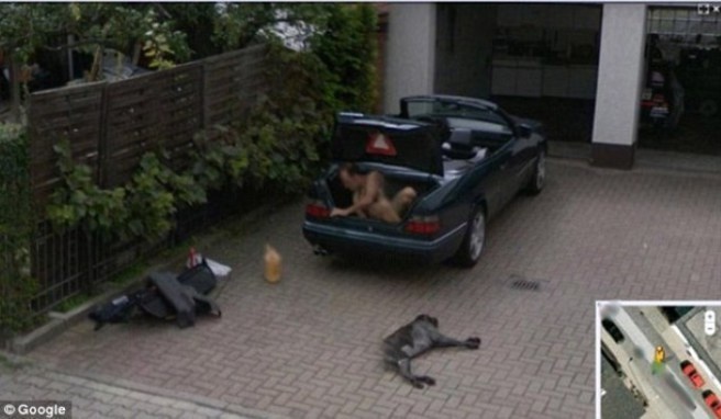 This Google cam snap caught something strange.

No big deal, just a naked man climbing into the boot of a Mercedes in Mannheim, Germany. Perfectly reasonable.