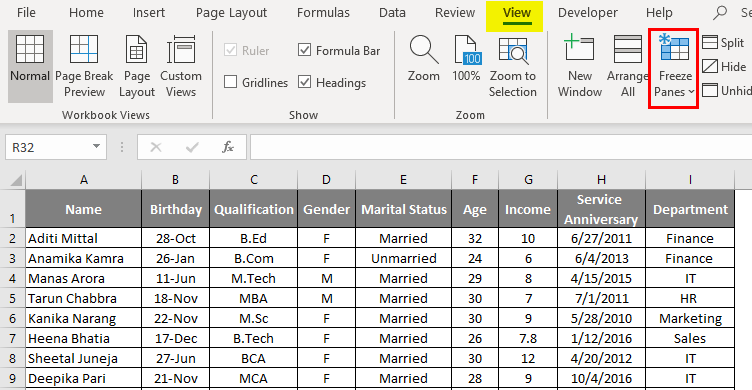 Freeze Columns in excel 1-6