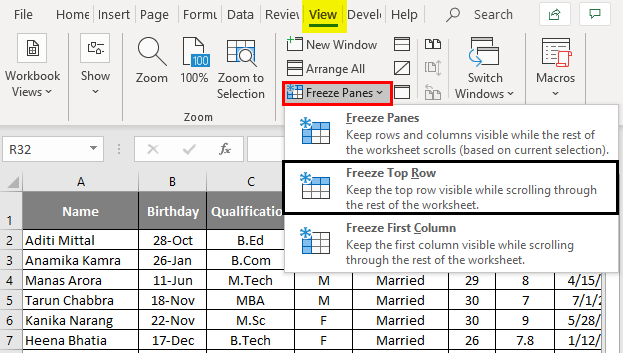 Freeze Columns in excel 1-7