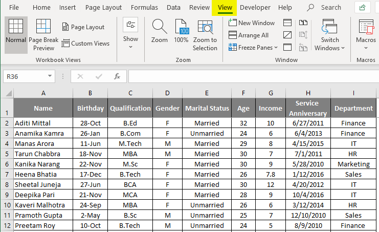 Top row excel 