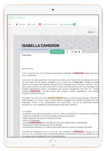 Cover Letter Builder on Tablet