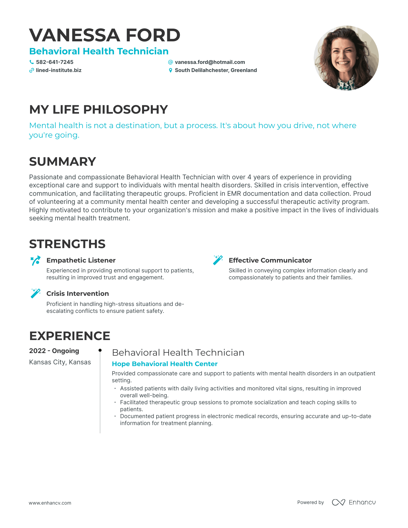 Creative Behavioral Health Technician Resume Example