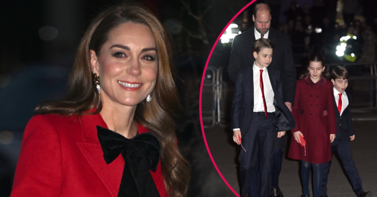 Princess Kate wearing a red coat and her kids inset