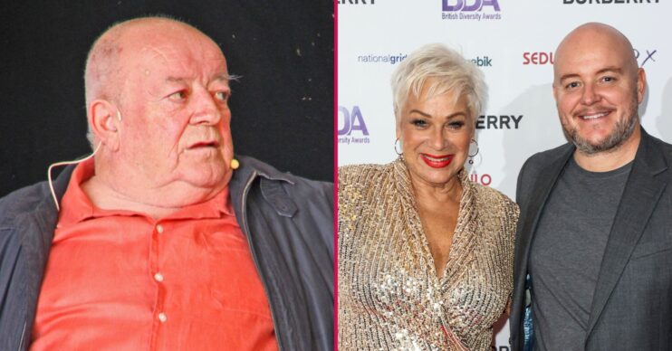 Split screen image ft Tim Healy speaking at a festival, and Denise Welch and her third husband Lincoln Townley