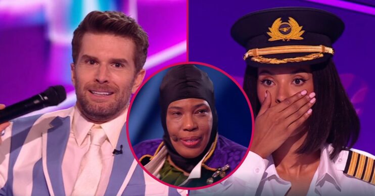 Joel Dommett looking awkward / Macy Gray looking cross / Maya Jama looking shocked on The Masked Singer