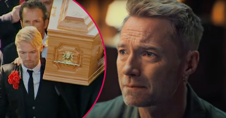 Ronan Keating in Boyzone documentary trailer and carrying a coffin inset