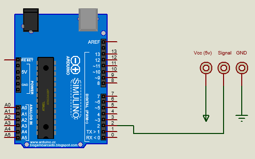 Circuito básico de conexión del sensor de flujo al Arduino.