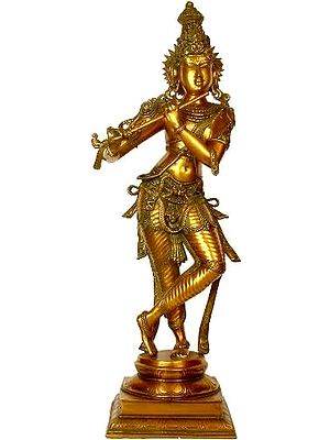 35" Large Size Krishna Brass Idol in ‘Tri-bhang’ Aspect | Handmade Hindu God Figurine