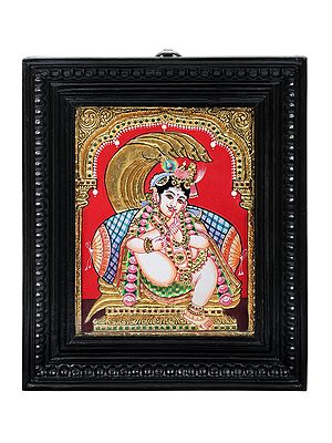 Krishna Sucking His Thumb Tanjore Painting | Traditional Colors With 24K Gold | Teakwood Frame | Gold & Wood | Handmade | Made In India