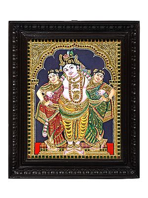 Krishna with his Queens Tanjore Painting | Traditional Colors With 24K Gold | Teakwood Frame | Gold & Wood | Handmade | Made In India