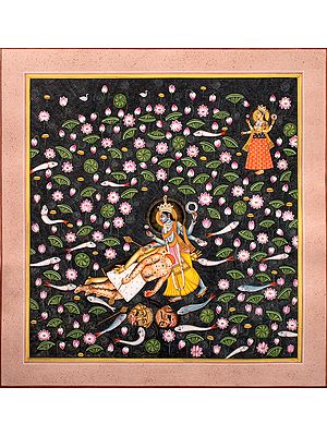 Lord Vishnu Kills Madhu and Kaitabh on His Thighs as Yoga Nidra The Great Goddess Looks On (From the Devi Mahatmya)