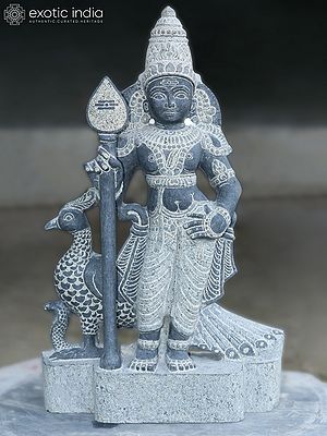 21" Standing Lord Murugan with His Vel and Vahana | Black Granite Stone Statue